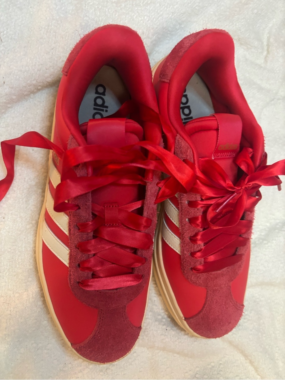 Adidas Women's Red Satin Ribbon Lace Retro Sneakers with Cream Stripes